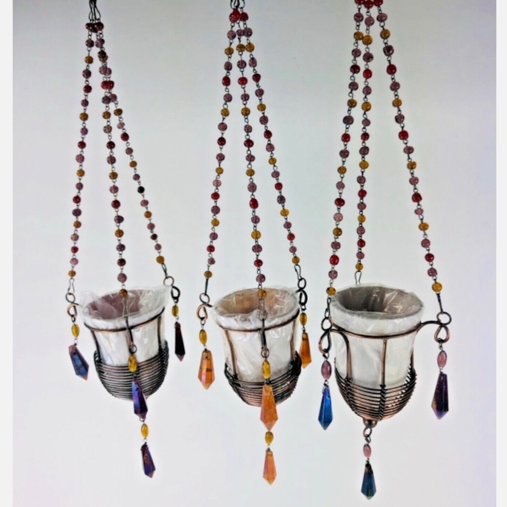 Bombay Company Hanging Tea Light Candle Holder Beaded Red :Purple Amber